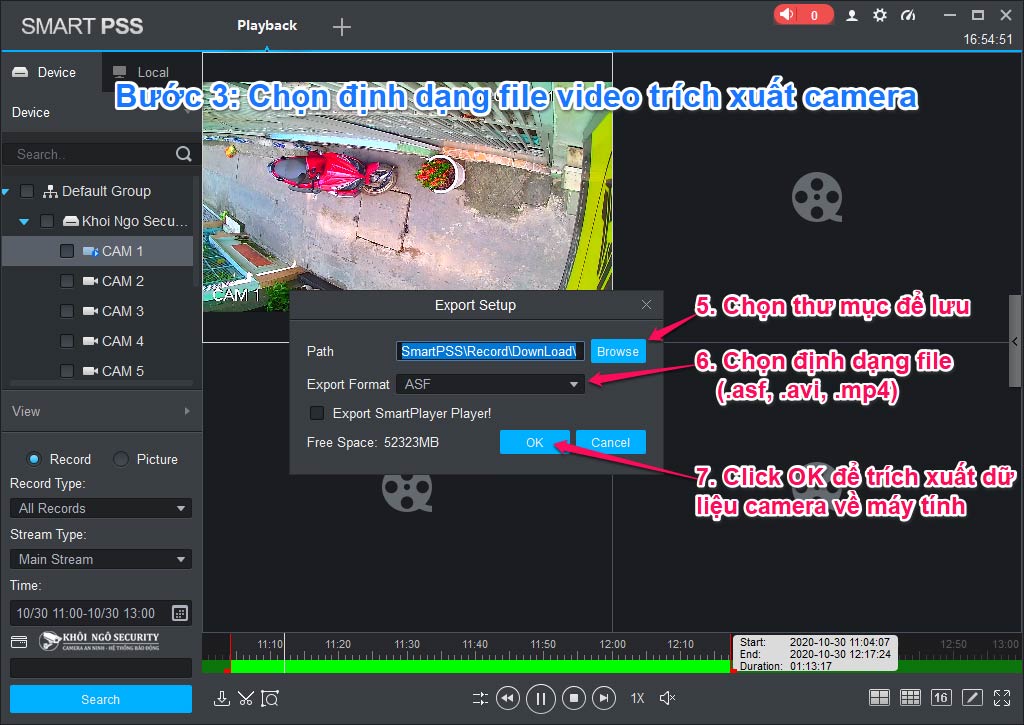 Chọn định dạng video trích xuất dữ liệu camera Dahua về máy tính trên SmartPSS