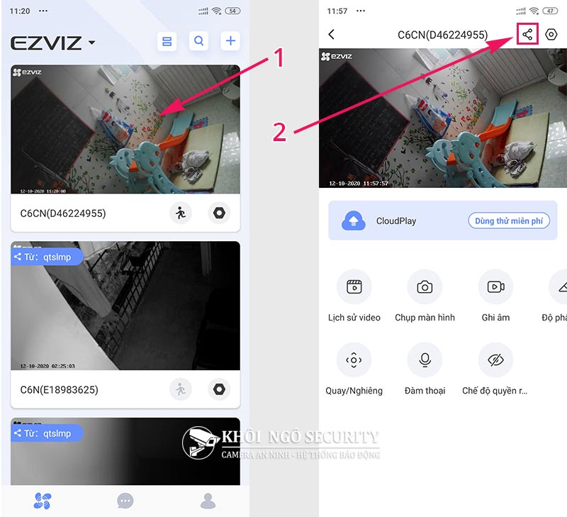 Chọn camera cần chia sẻ cho tài khoản Ezviz trên điện thoại thứ 2